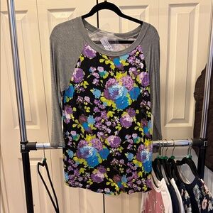 Amelia James Black Floral Raglan Tee with Gray Sleeves